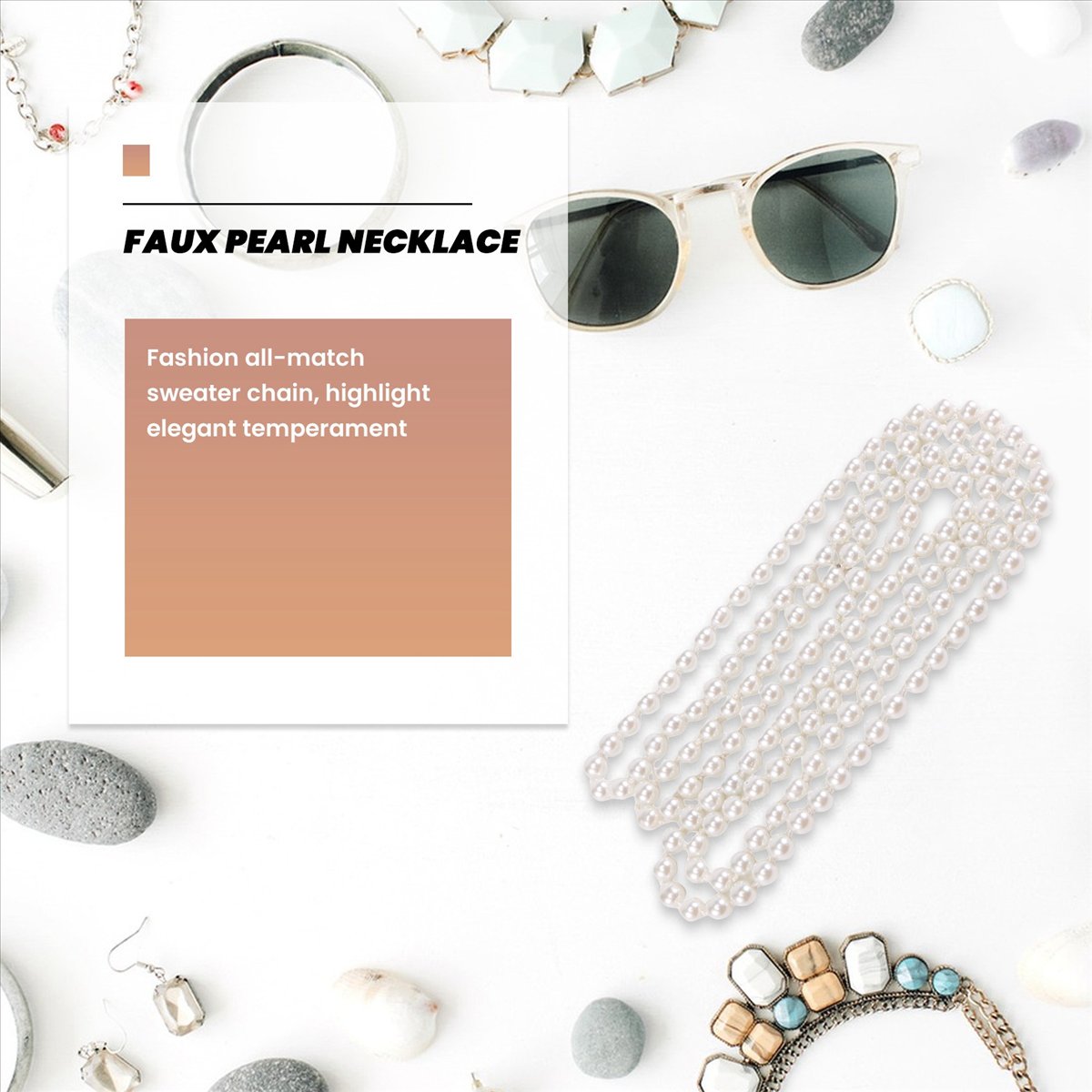Pearl Necklace - ABQR Faux Pearl Long Sweater Chain