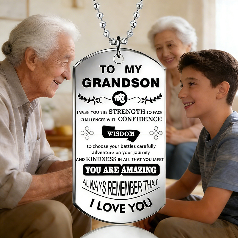 Mens Dog Tag Necklace - To My Grandson Inspirational Necklace Big