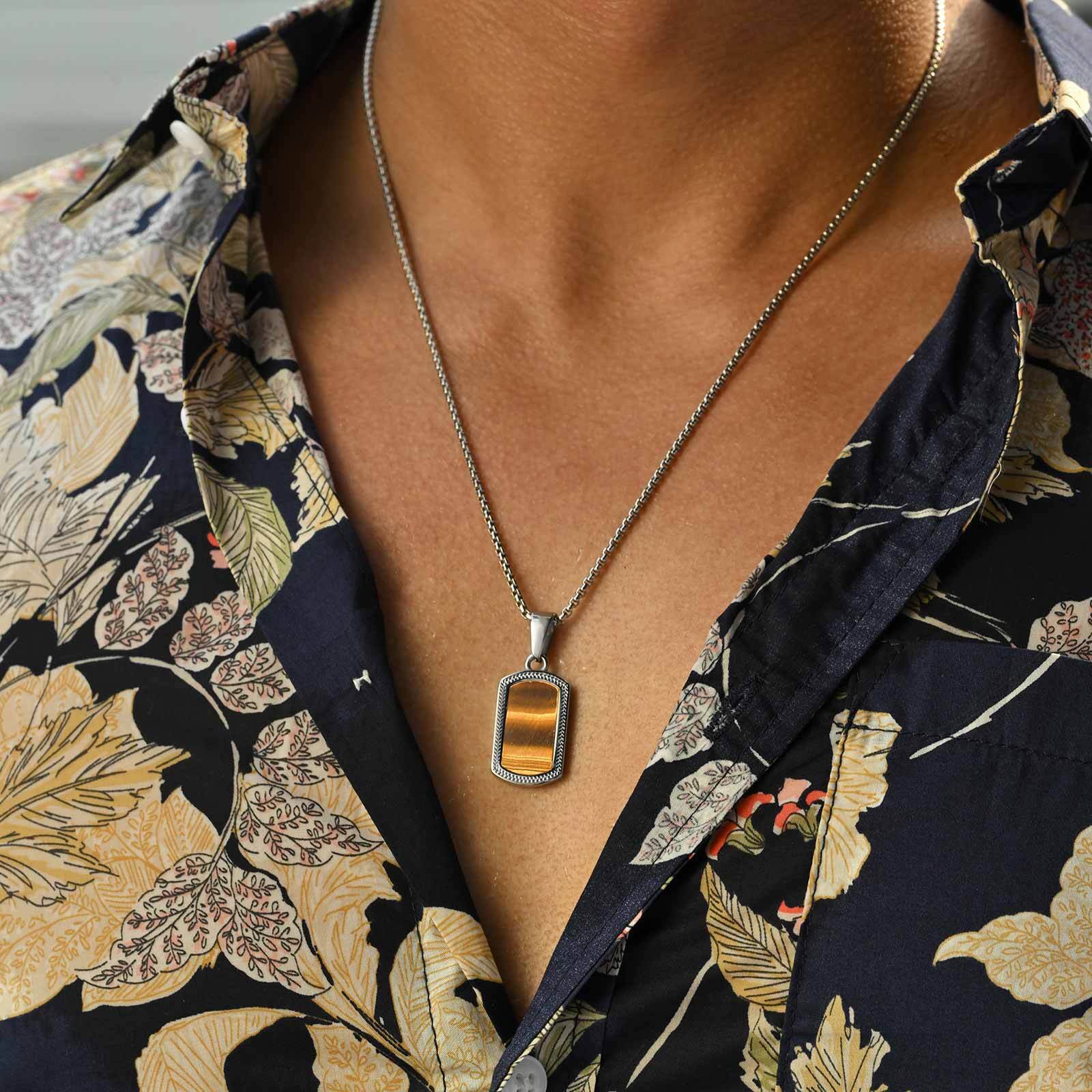 Mens Dog Tag Necklace - Vnox Stainless Steel Tiger Eye Stone