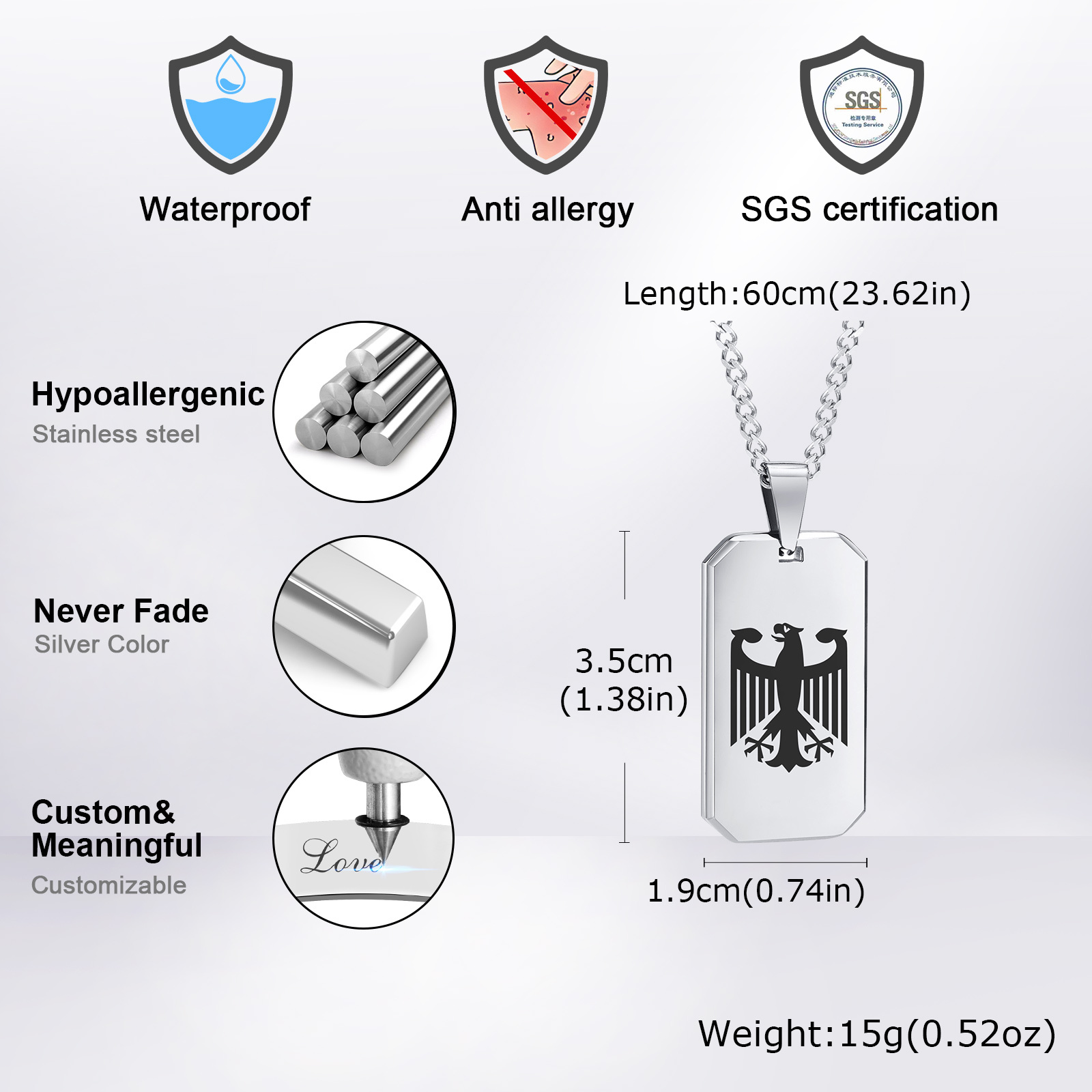 German Eagle Square Neckalces  - Mens Dog Tag Necklace ulasan dan harga