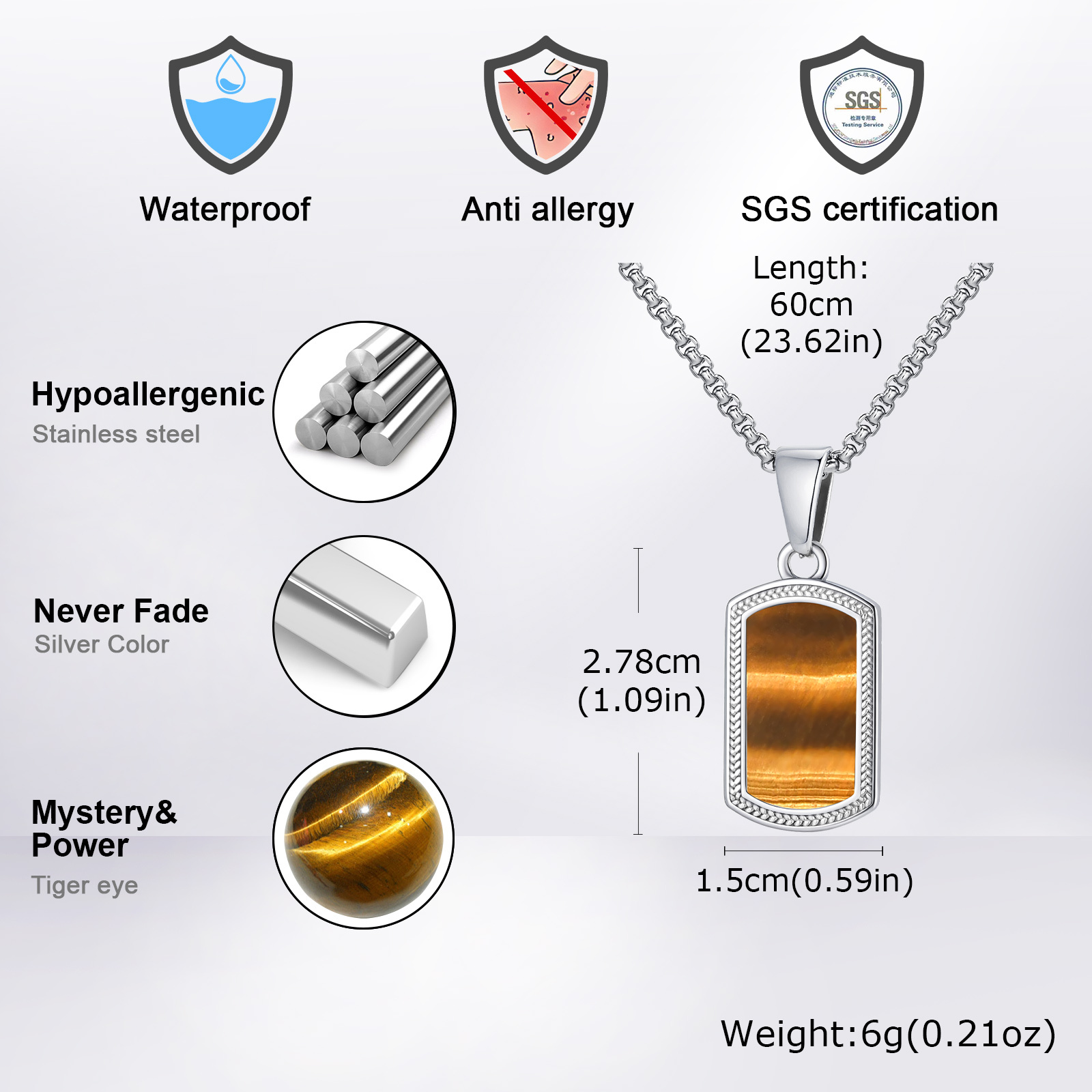Vnox Stainless Steel Tiger Eye - Mens Dog Tag Necklace ulasan dan harga